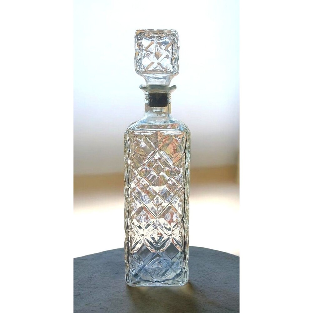 Vtg Clear Diamond Pattern Glass Crown Whiskey Bar Bottle 12" Decanter + Stopper